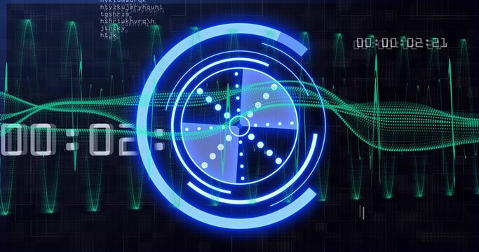 Displaying central neon-blue concentric HUD on virtual control panel, showing green waveform lines