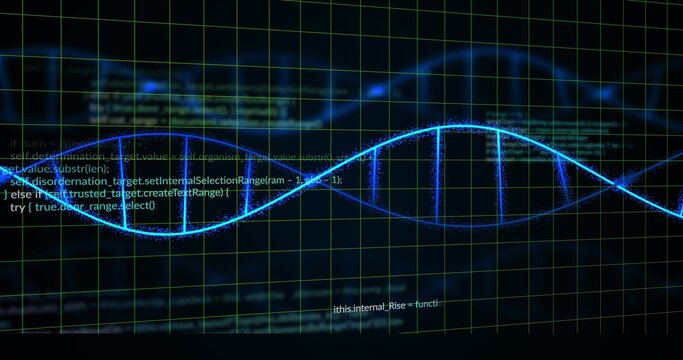 Pulsing blue double-helix display occupying center of dark monitor, with green grid and particles