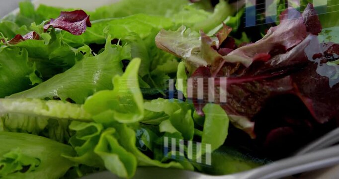 Food lettuce mix in bowl, camera panning causing overlay bars, utensils sliding, showing texture