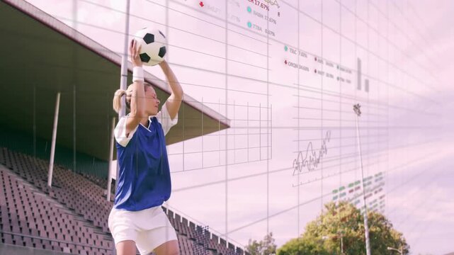 Vertical video: Woman adjusting grip, doing soccer throw-in for restart while charts tracking ball