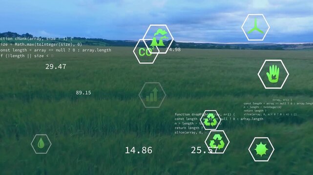 Displaying AR hex icons appearing as drone moving over grass field, showing wind, CO metrics