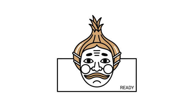 Surreal Onion Head Character with Mask and Sign