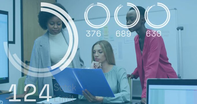 Seated woman opening blue folder, causing charts popping onscreen, business team pointing, deciding
