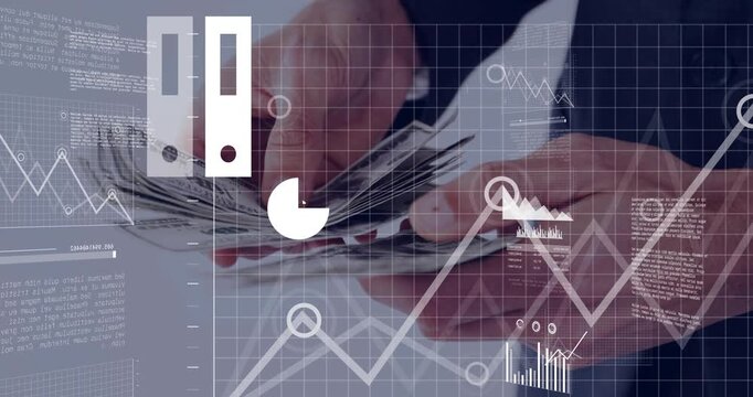 Counting businessman hands in dark suit flipping US dollar bills in close-up, showing HUD charts