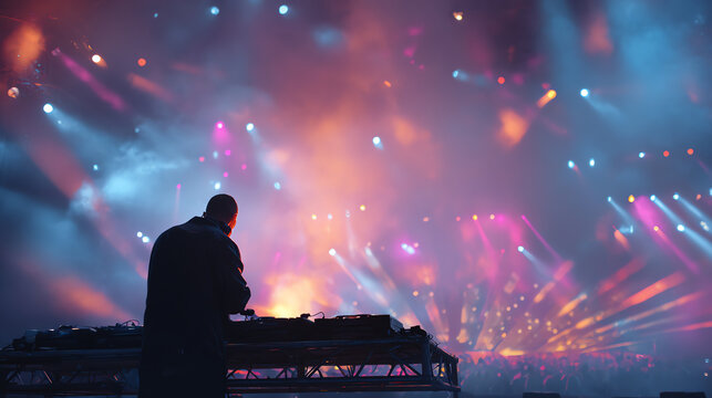 A DJ performing on stage with vibrant lights creating an electrifying atmosphere at a music festival.