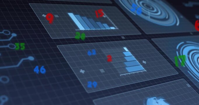 Translucent data panels animating after L-shaped axis drawing, stacked bars filling to show metrics