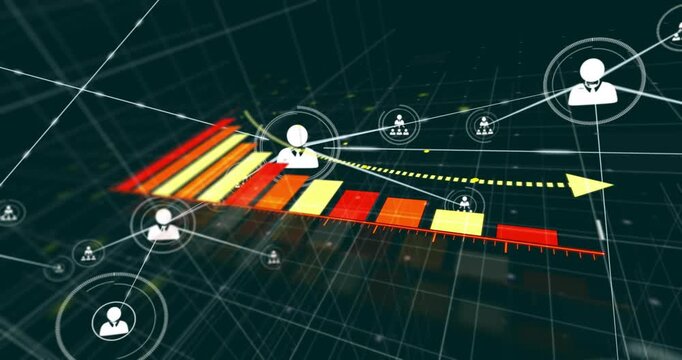 Rising bars moving right, central avatar being framed, lines linking showing network growth