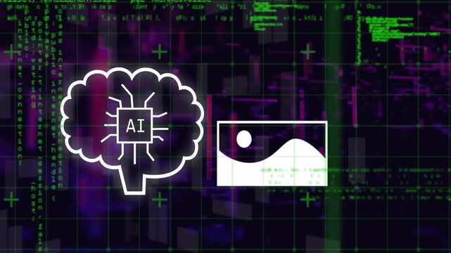 Vertical video: White stroke drawing AI brain thumbnails sliding code scrolling processing output