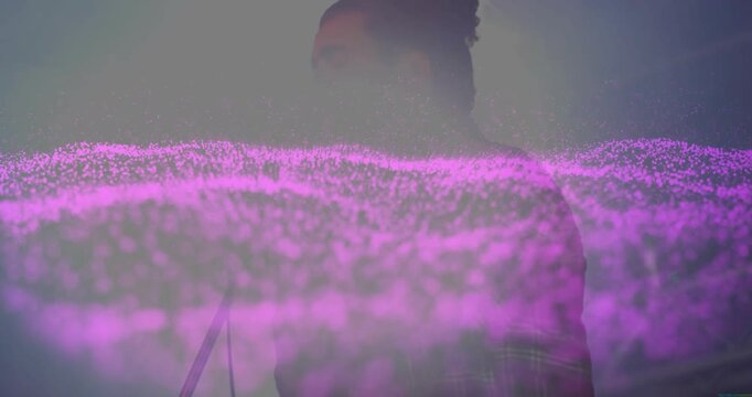 Vertical video: Singer singing into retro mic sending purple wave over chest and raising music mood