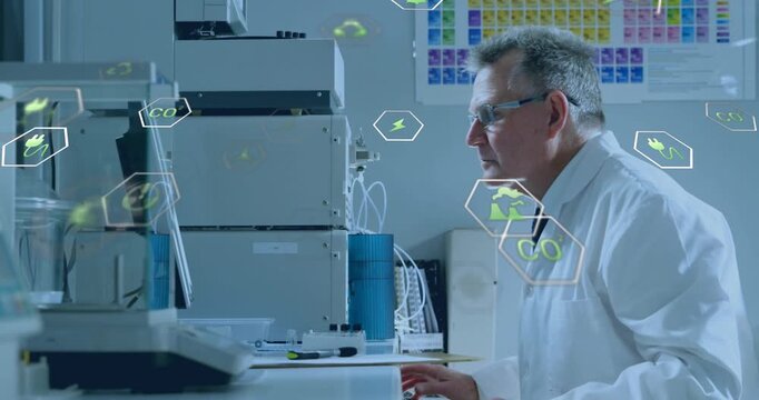 Scientist reaching for sample typing and analyzing data with green hex icons over instruments