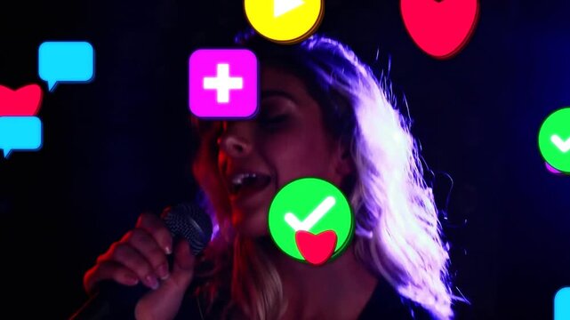 Singer bringing mic to mouth and performing, rim lights and music icons appearing and covering face