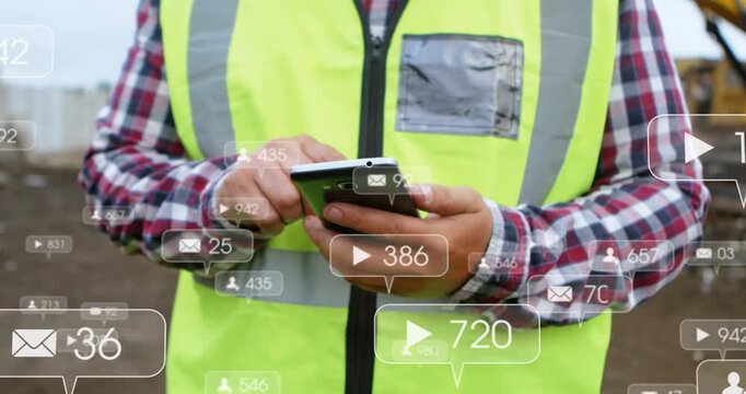 Construction worker tapping phone on site, causing animated alerts and counts updating for messages