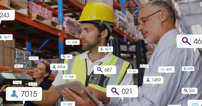 Warehouse worker tapping tablet and team checking inventory while AR tags multiplying over racks