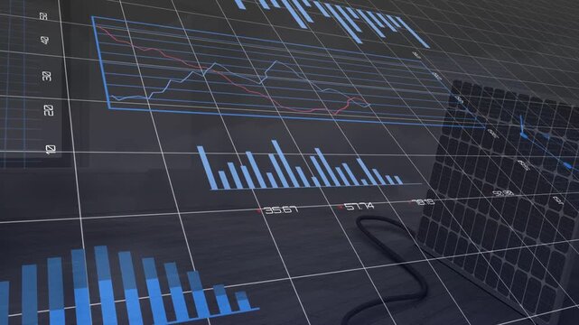 Tech dashboard animating charts on update, camera pan revealing donut 3D-grid cable showing trends