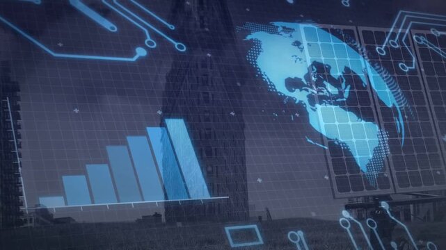HUD activating, holographic globe rotating and bar chart rising, visualizing solar array output