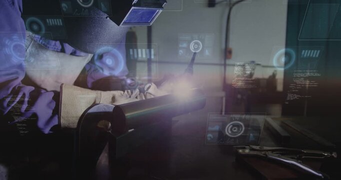 Arc starting, welder applying torch joining pipe for repair while HUD guiding camera pullback