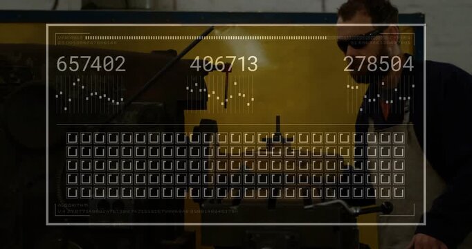 Industrial machinist responding to HUD readouts, leaning toward spindle and adjusting controls
