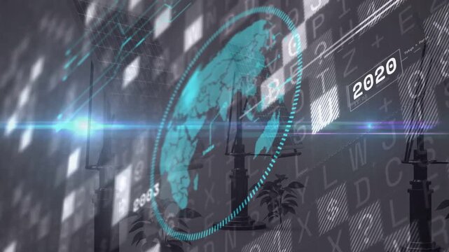 Blue lens flare sweeping, initiating teal globe rotating, showing technology timeline for creators