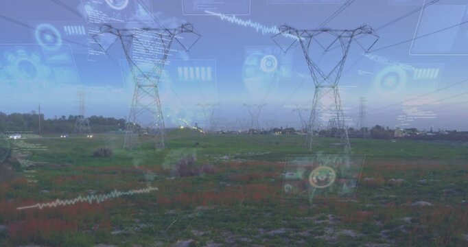 Vertical video: Utility pylons standing in field receiving feed and showing growing AR icons, waves