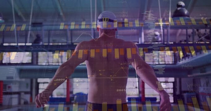 Vertical video: Raising arms adjusting gear, swimmer warming while HUD scrolling preparing for swim
