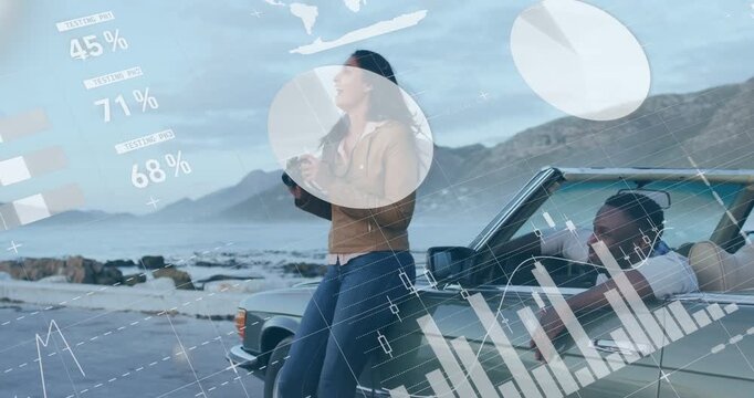 Woman shooting from car fender, spotting horizon, framing travel shots while HUD overlay growing