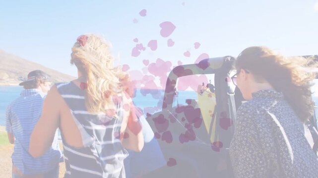 Grabbing gear, person starting group walking toward cliff, travel ad showing drifting hearts