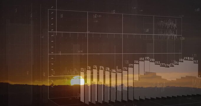 Emerging faint 3D chart rising over horizon as sun nearing skyline, bars receiving value labels