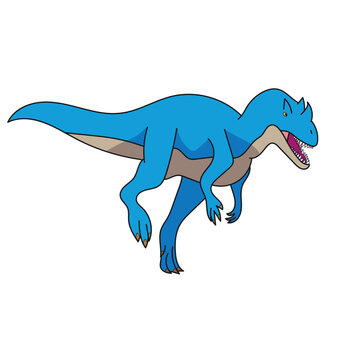 A flat vector illustration of a blue Ceratosaurus predator with a red horn. Modern character design for prehistoric wildlife, children's books, and educational graphic projects