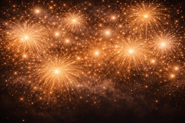 Fototapeta premium Vibrant orange fireworks exploding in night sky with sparkling lights and smoke