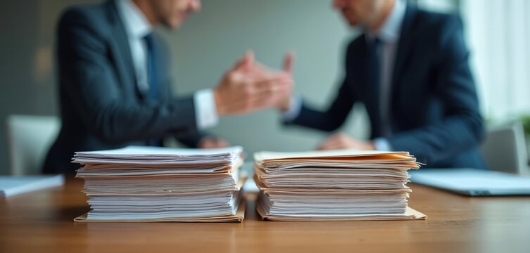 Two men in suits shake hands across stacks of paper files. Businessmen finalize deal over documents at desk. Professional meeting concludes with agreement. Hard work, paperwork, and negotiation.