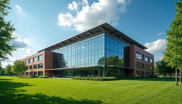 Modern brick and glass office building with solar panels on roof. Surrounded by green grass lawn trees under blue sky with clouds. Business campus with sustainable energy.