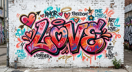Vibrant Urban Graffiti Wall Art with Love Text and Hearts © Lapak orang bejo