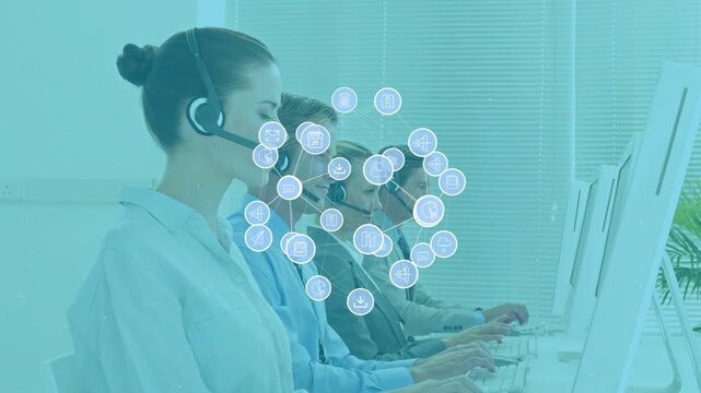 Agents typing into headsets at call center while icons appearing visualizing messages over monitors