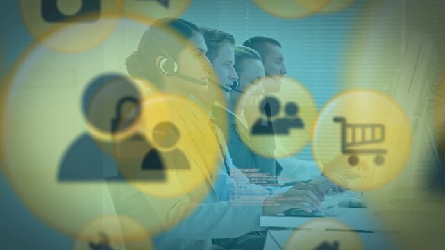 Support agents typing with headsets, animated icons shifting and revealing cart, showing service