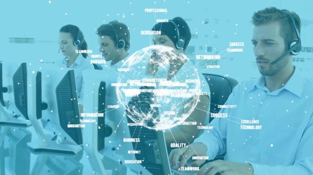 Four agents typing at desks, holo globe appearing and projecting keywords for business connectivity