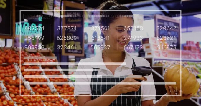 Vertical video: Produce clerk raising squash and pressing scanner in grocery HUD updating inventory