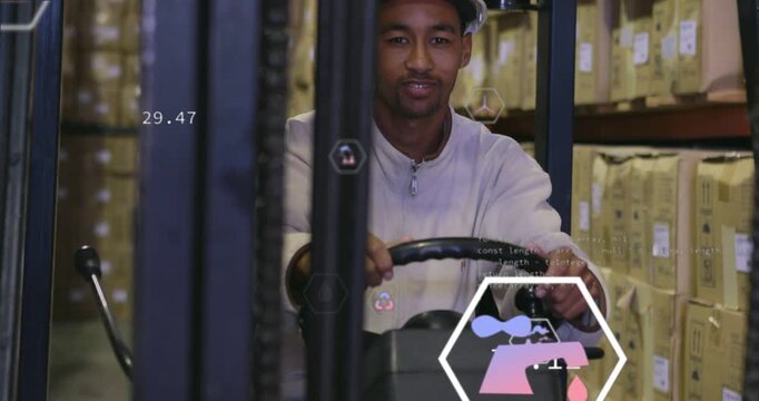 Vertical video: Camera pulling back forklift operator steering while HUD updating safety metrics