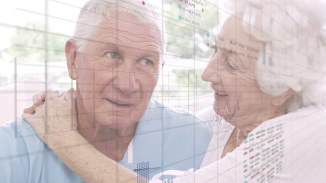 Woman placing arm around man wearing cannula couple on porch checking funds as charts overlaying
