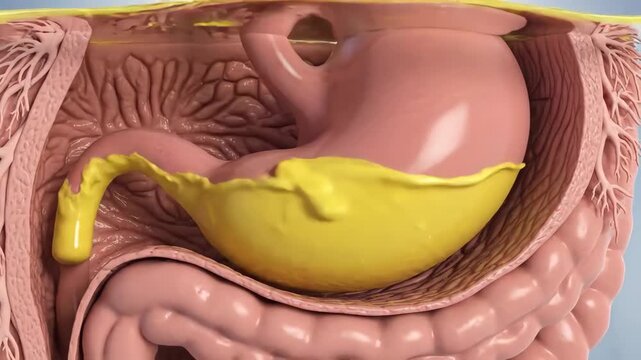 Medical Animation Showing Stomach Acid Mixing With Digestive Contents.