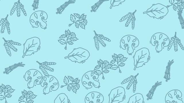 Abstract pattern of leaves, mushrooms, and asparagus  ideal for food blogs, recipe cards, botanical illustrations, and cooking magazines.