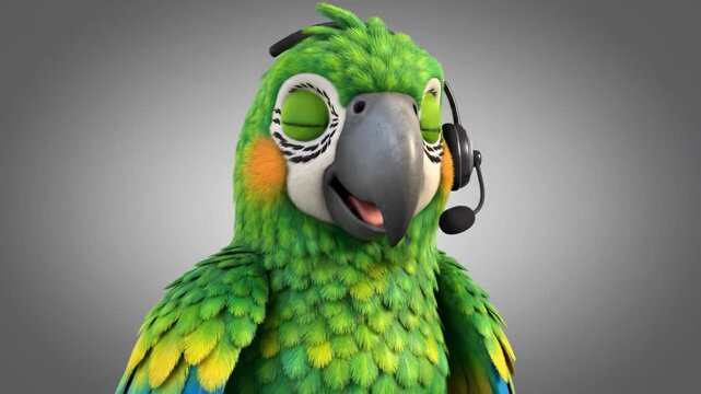 A cheerful green parrot wearing a headset, conveying a sense of friendly customer service or support.