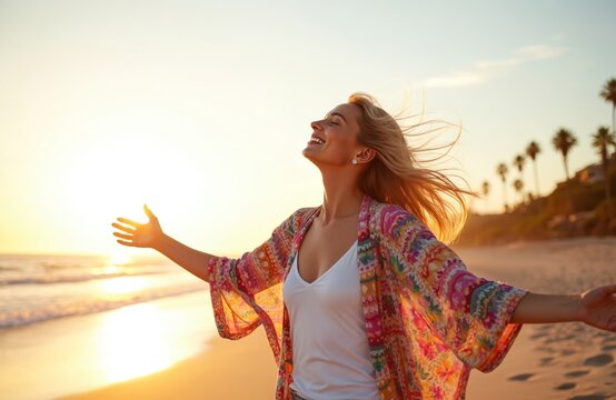 Young woman smiles with arms spread wide at golden hour ocean beach. Relaxed blonde enjoys sunset, warm breeze, feeling free and happy. Joyful travel, vacation lifestyle.