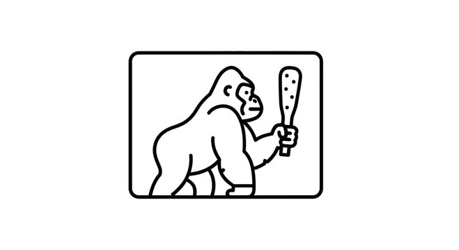 Primate Holding Club: Caveman Gorilla Icon, Prehistoric Animal, Evolution Concept