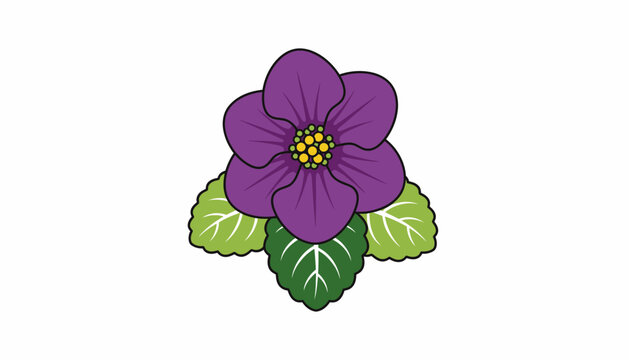 Purple African Violet Flower with Green Leaves, Simple Vector Illustration