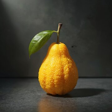 Single ugli fruit with leaf rests on textured gray surface. Bright yellow citrus has bumpy peel texture. Dark backdrop with light shadow play. Focus on fresh produce.