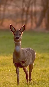 Beautiful roe deer standing alert in the middle of a peaceful grassy field during the golden hour as the warm sunlight illuminates its fur while it observes the natural surroundings carefully with lar