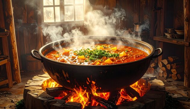 Rustic Stew Simmering Over Open Fire in Cozy Cabin.