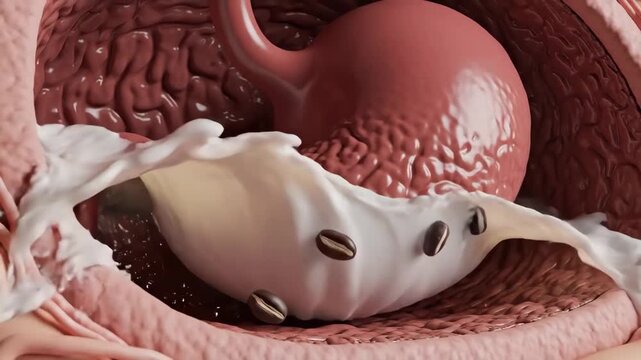 Three dimensional medical animation showing stomach digestion process and chyme formation.