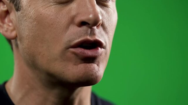 Close-up of a Man Speaking with a Green Screen Background, Emphasizing Human Creation and Spirituality