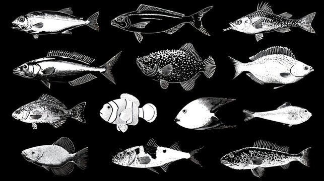 Group of monochrome illustrations featuring various types of swimming fish against a stark black background